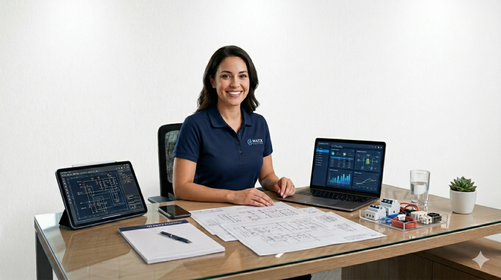 Asesora de MAXX ELECTRIC en un escritorio con planos eléctricos, laptop y equipo de ingeniería frente a una pared blanca limpia.