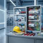 Técnico electricista profesional con equipo de seguridad instalando y revisando un tablero eléctrico industrial moderno en Toluca.